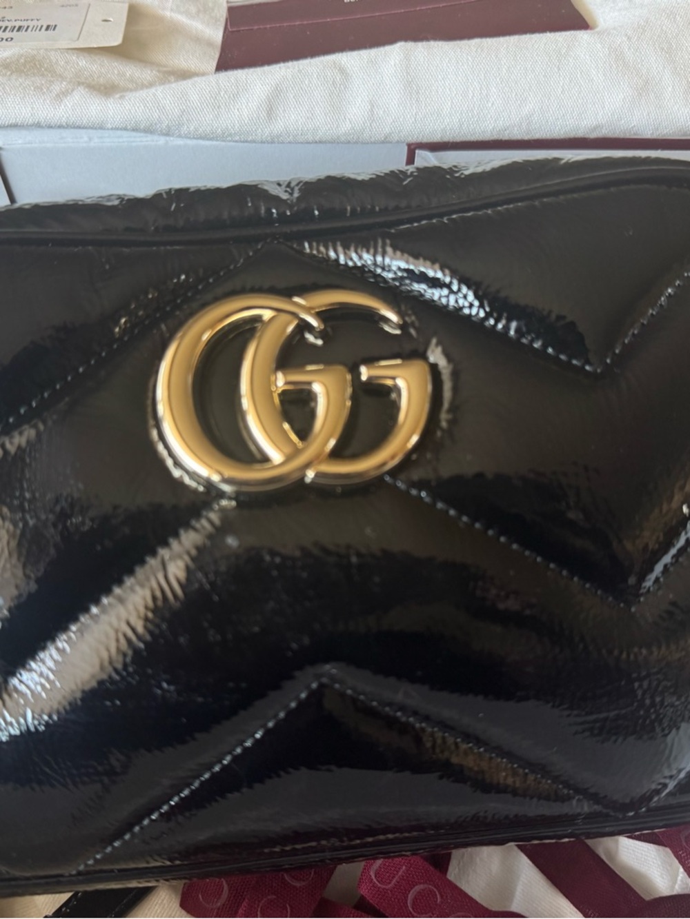 Gucci Black Patent Leather GG Marmont Chevron Crossbody